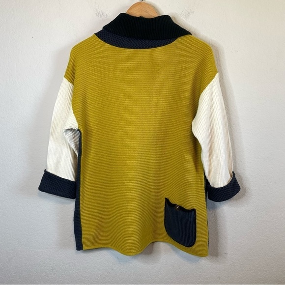 Color Block Navy Blue Cream Golden Yellow Cotton Knit Turtleneck Sweater Sz LG - Picture 4 of 8